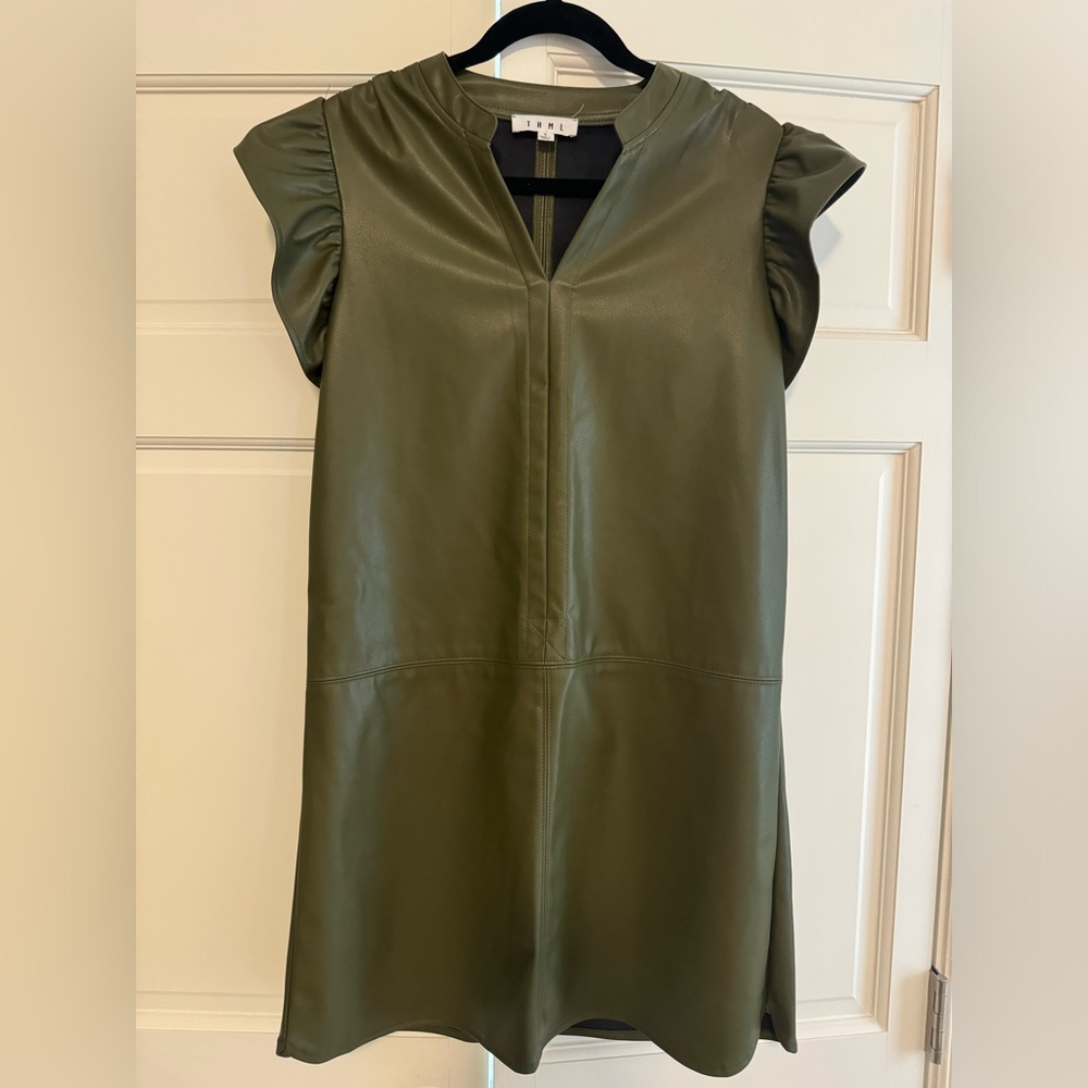 THML olive green faux leather dress- Size Small